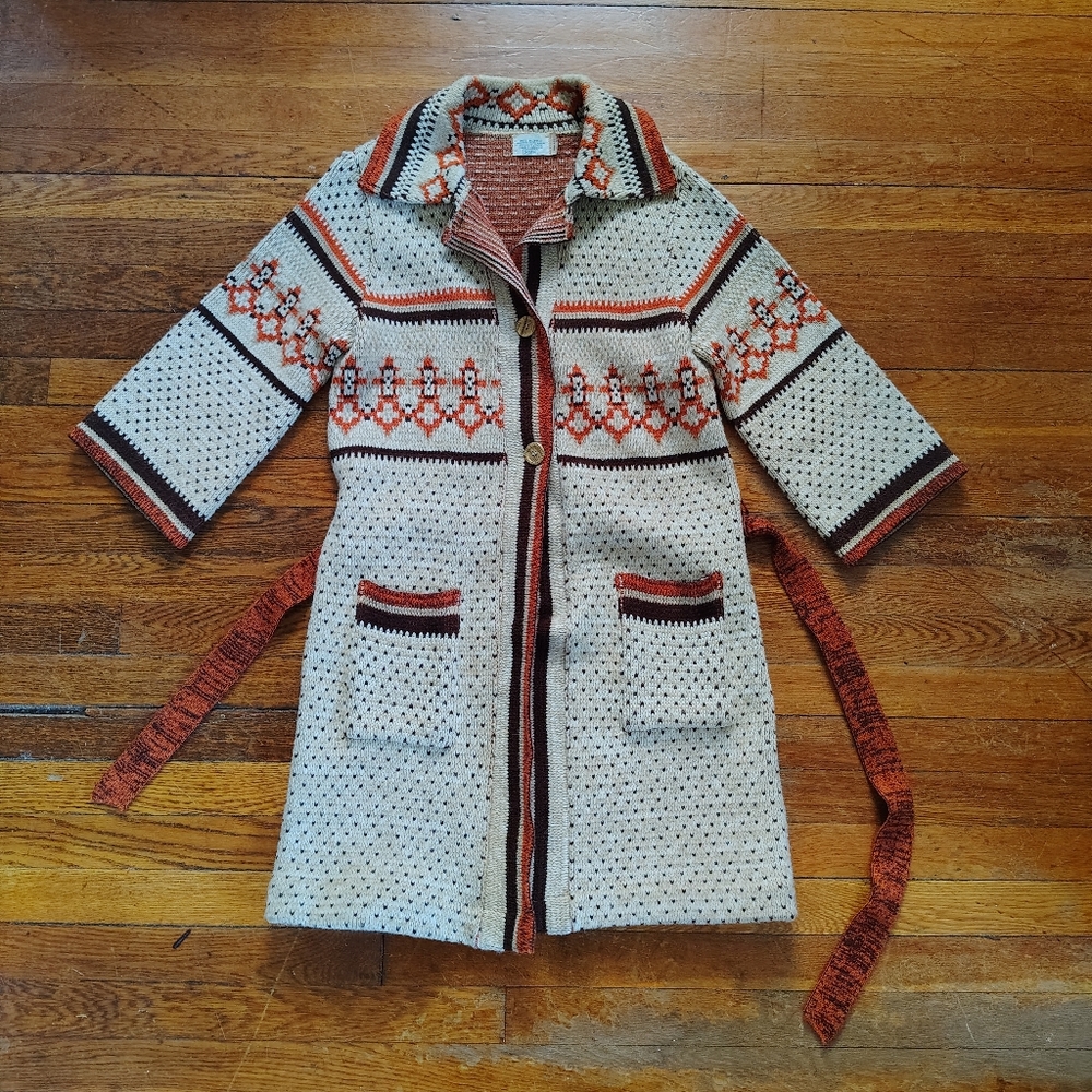 70s Vintage Cardigan Jacket Medium Large Tie Belted Waist Aztec Southwest Orange - Picture 4 of 8